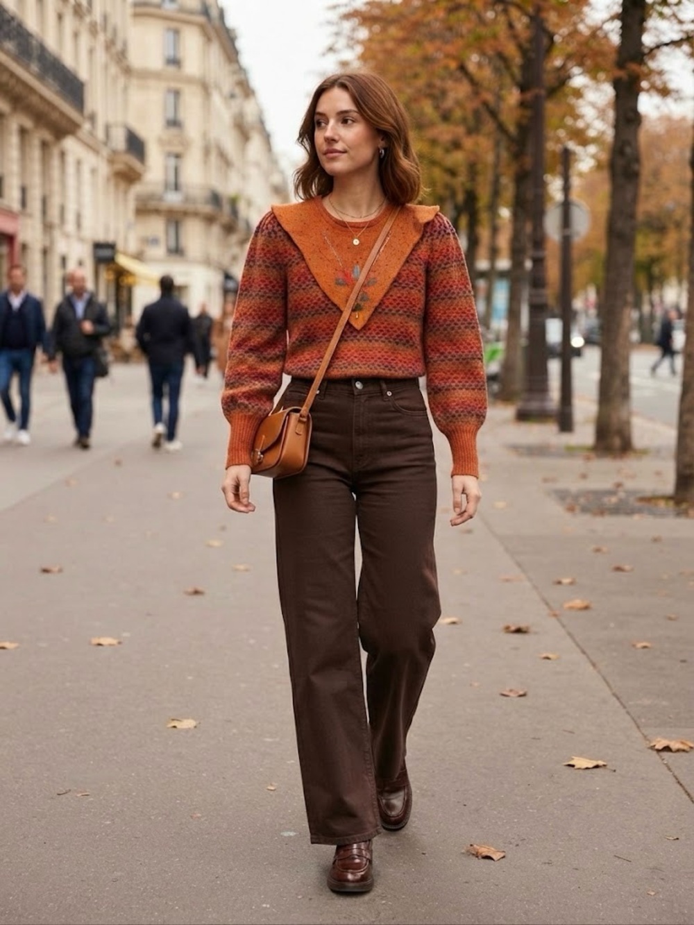 Vintage Burnt Orange Multicolor Patterned Embellished Sweater